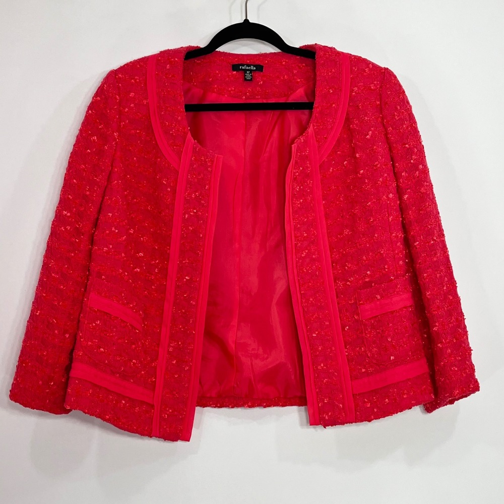 Rafaella Womens Coral Pink Tweed Open Front Blazer Jacket Grosgrain Trim 12